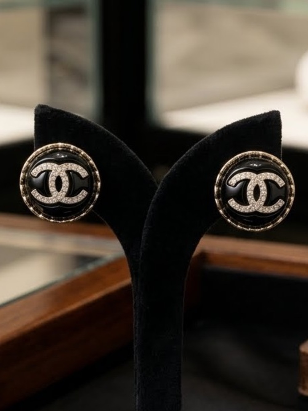 ChaneI Black and Gold Crystal Button Stud Earrings - Picture 2 of 11